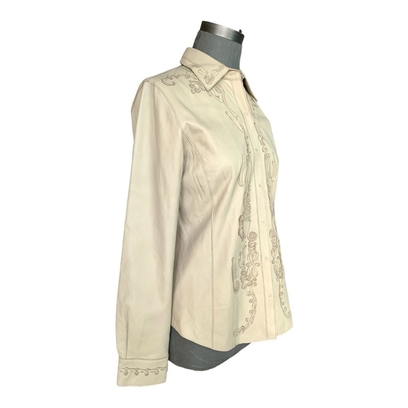 Women’s Shirt ELIE TAHARI Beige Floral Embroidered Blazer Leather Jacket Shirt - Picture 3 of 7